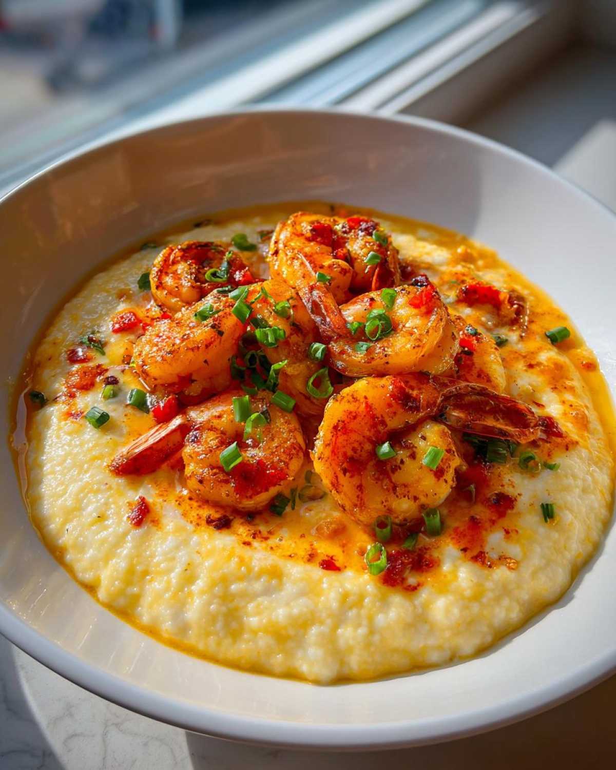 A close-up of One-Pot Creamy Cajun Shrimp and Grits featuring seasoned shrimp over creamy grits, garnished with green onions.
