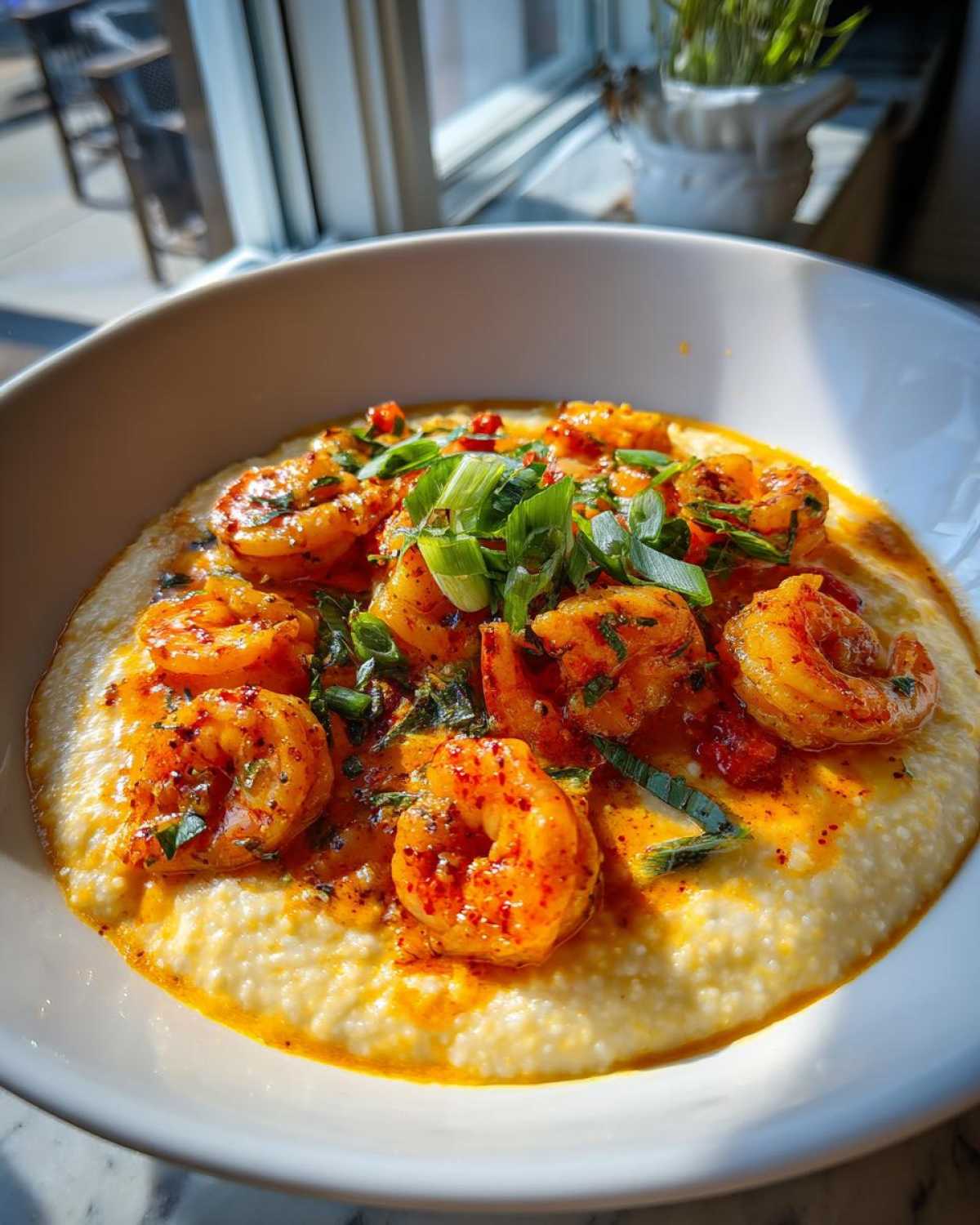 A bowl of One-Pot Creamy Cajun Shrimp and Grits topped with bright green scallions.