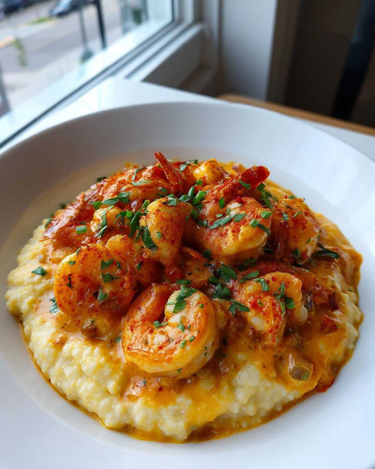 A close-up of One-Pot Creamy Cajun Shrimp and Grits served in a white bowl, topped with fresh herbs.