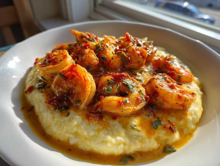 A close-up, sunlit photo of One-Pot Creamy Cajun Shrimp and Grits served in a white bowl.