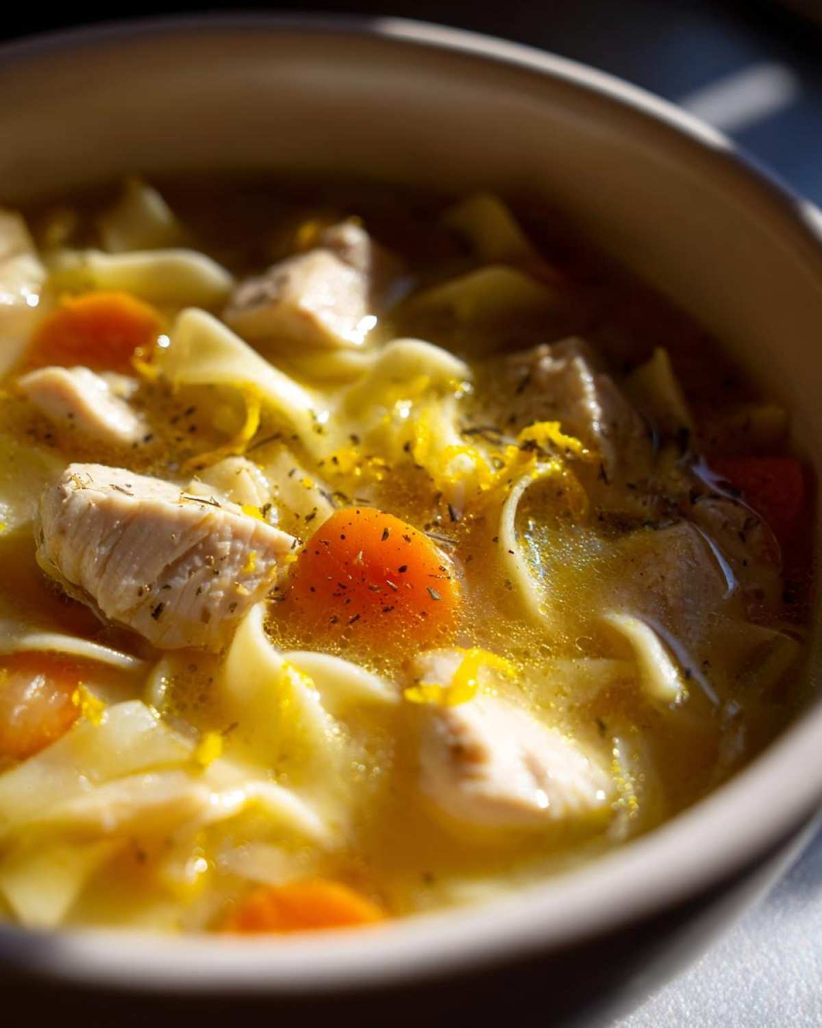 Close-up of chunks of chicken, egg noodles, and carrots in a rich broth of One-Pot Creamy Lemon Chicken Noodle Soup.