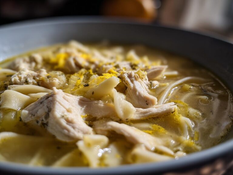 Close-up of tender shredded chicken and egg noodles in a rich broth, topped with lemon zest for One-Pot Creamy Lemon Chicken Noodle Soup.