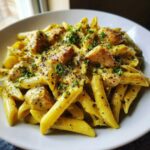 A close-up of a white bowl filled with One-Pot Creamy Lemon Pepper Chicken Pasta, garnished with herbs.