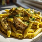 A close-up of One-Pot Creamy Lemon Pepper Chicken Pasta featuring penne coated in a creamy sauce with seasoned chicken pieces.