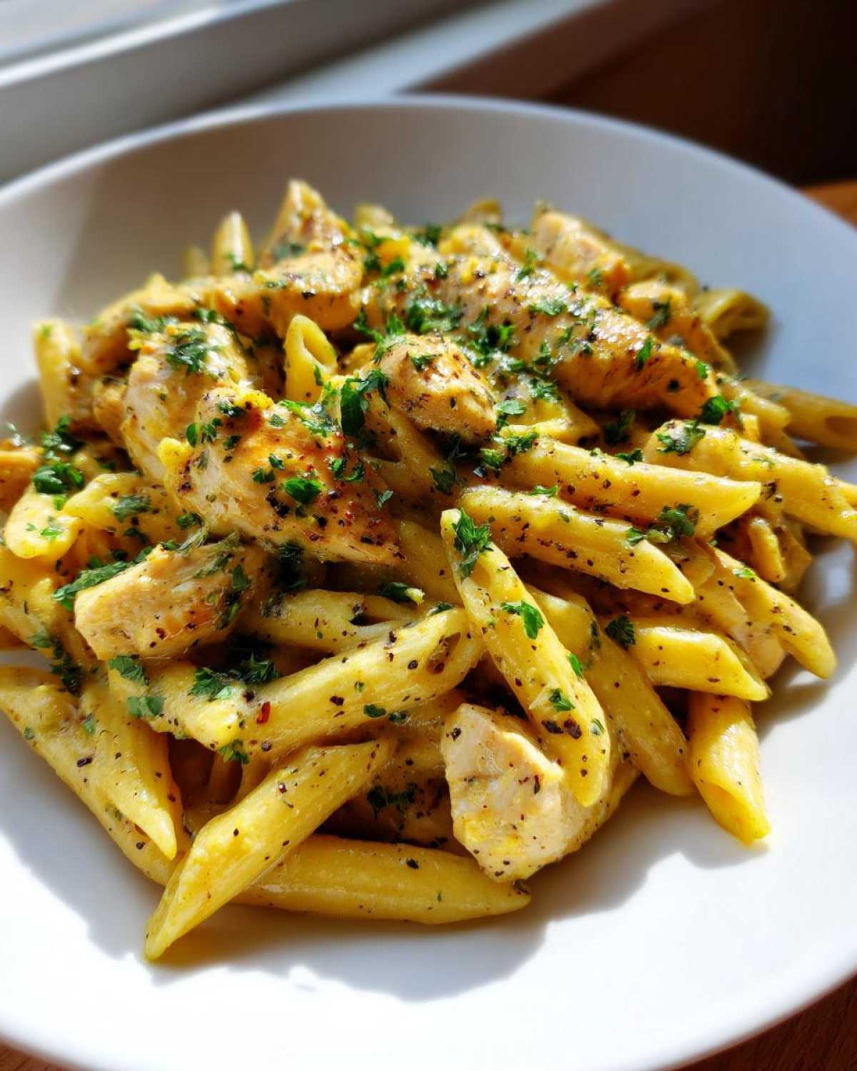 A close-up of creamy One-Pot Creamy Lemon Pepper Chicken Pasta topped with fresh parsley.