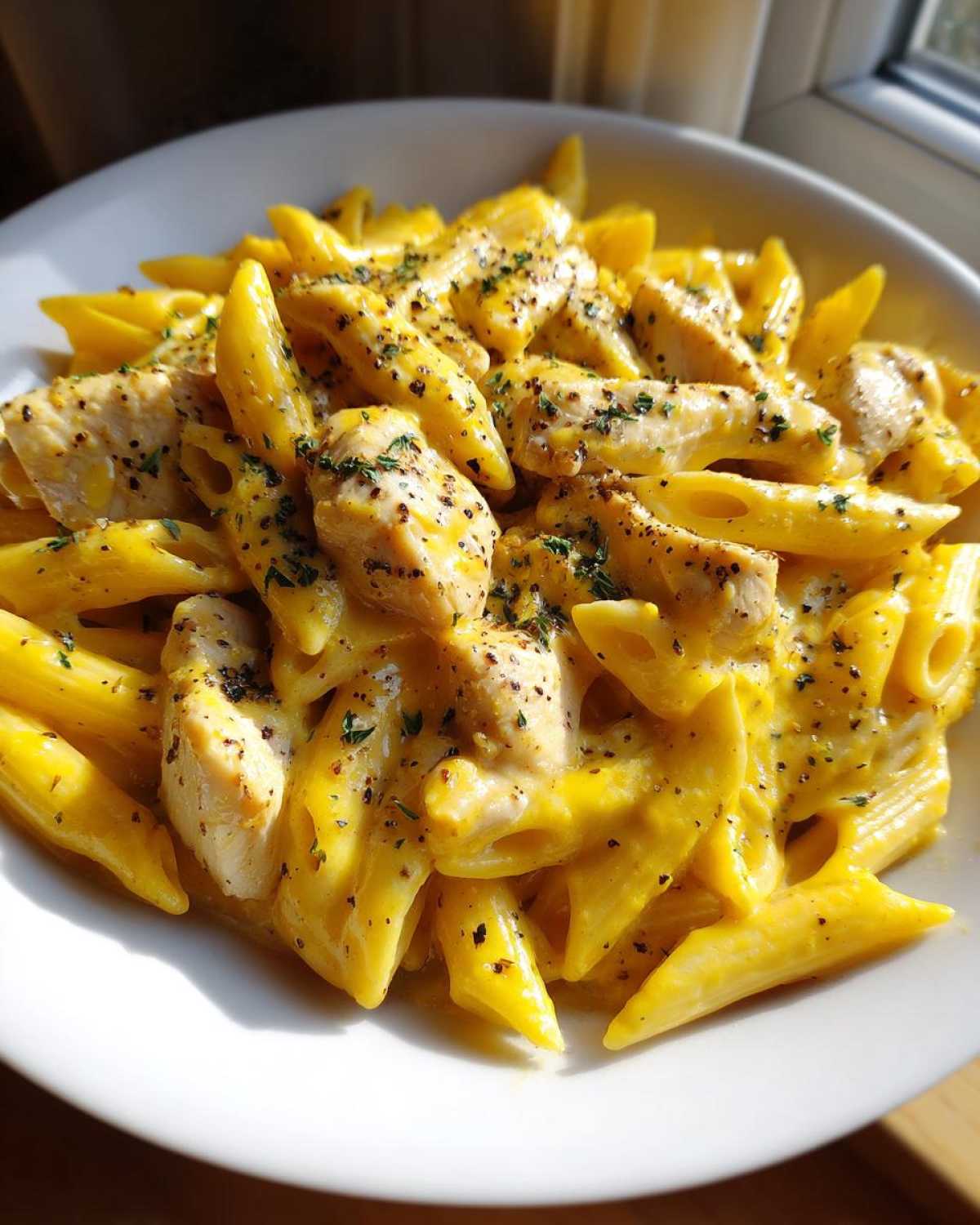 Close-up of One-Pot Creamy Lemon Pepper Chicken Pasta with penne, chicken pieces, and black pepper garnish.
