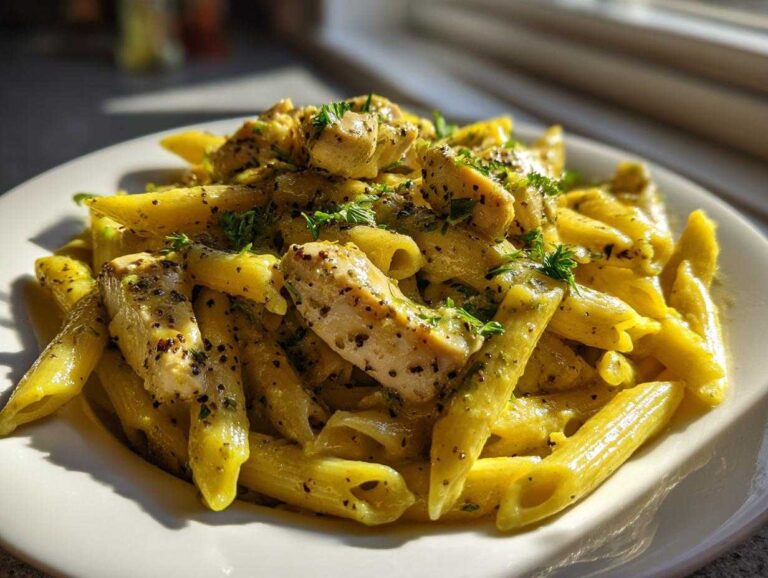 A close-up of One-Pot Creamy Lemon Pepper Chicken Pasta featuring penne coated in a creamy sauce with seasoned chicken pieces.