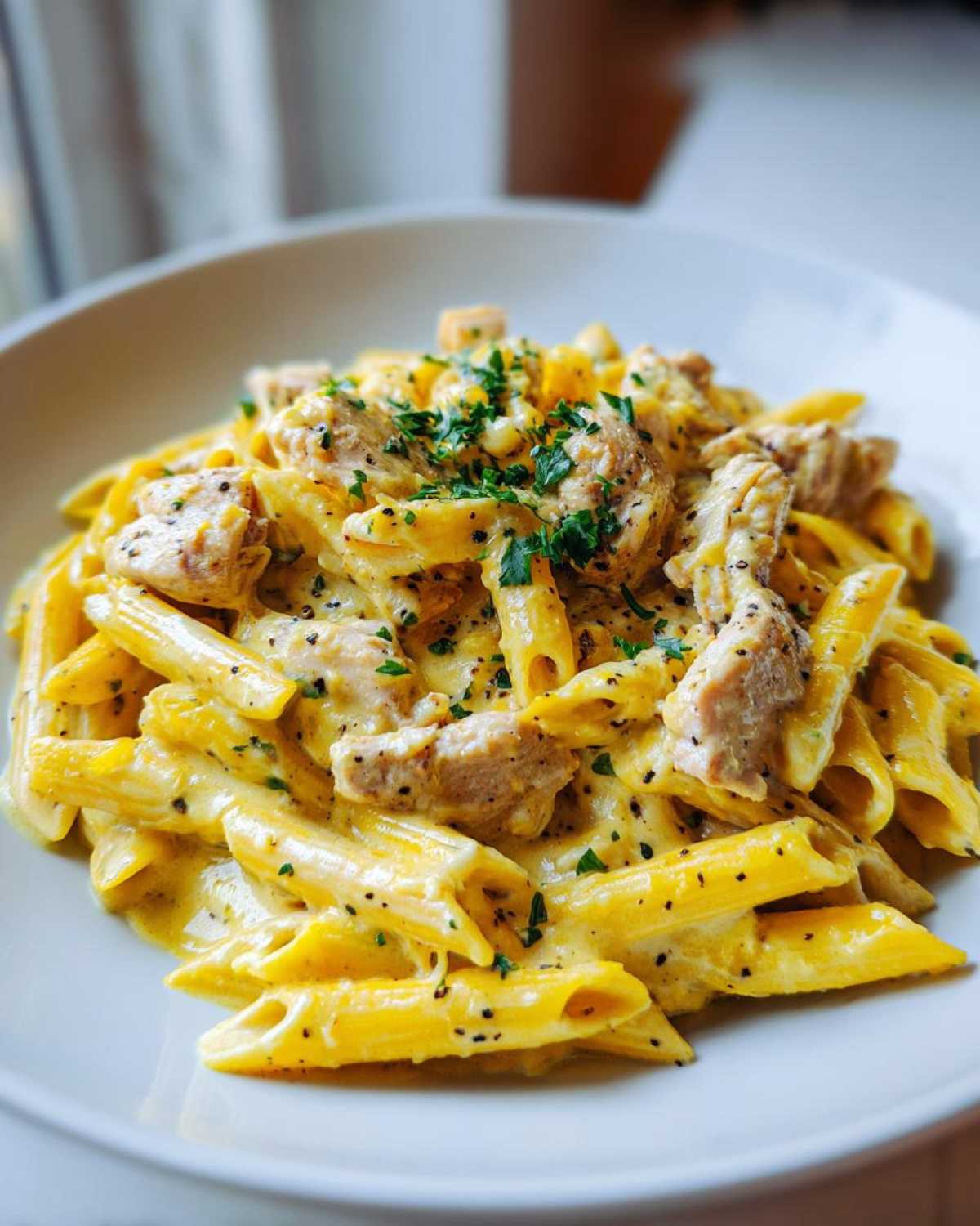 A close-up shot of a bowl of One-Pot Creamy Lemon Pepper Chicken Pasta, featuring penne coated in a rich yellow sauce with chicken pieces and sprinkled parsley.