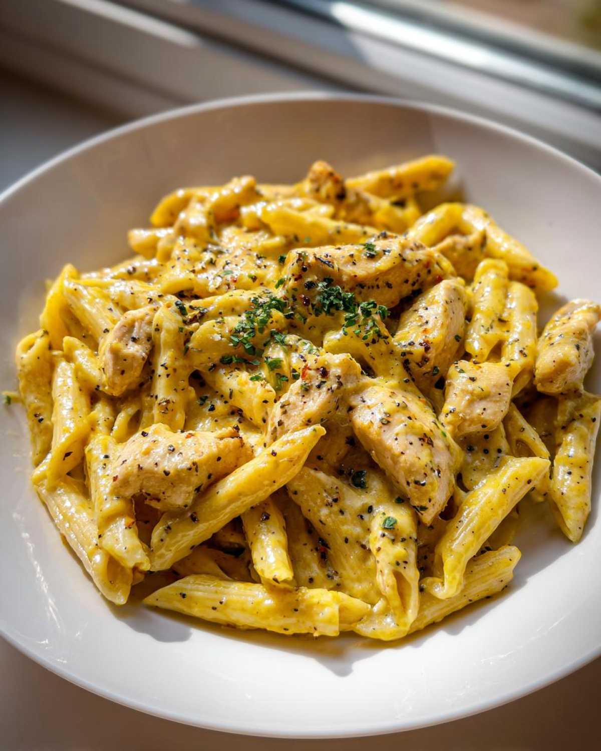 A white bowl filled with creamy One-Pot Creamy Lemon Pepper Chicken Pasta, garnished with herbs.