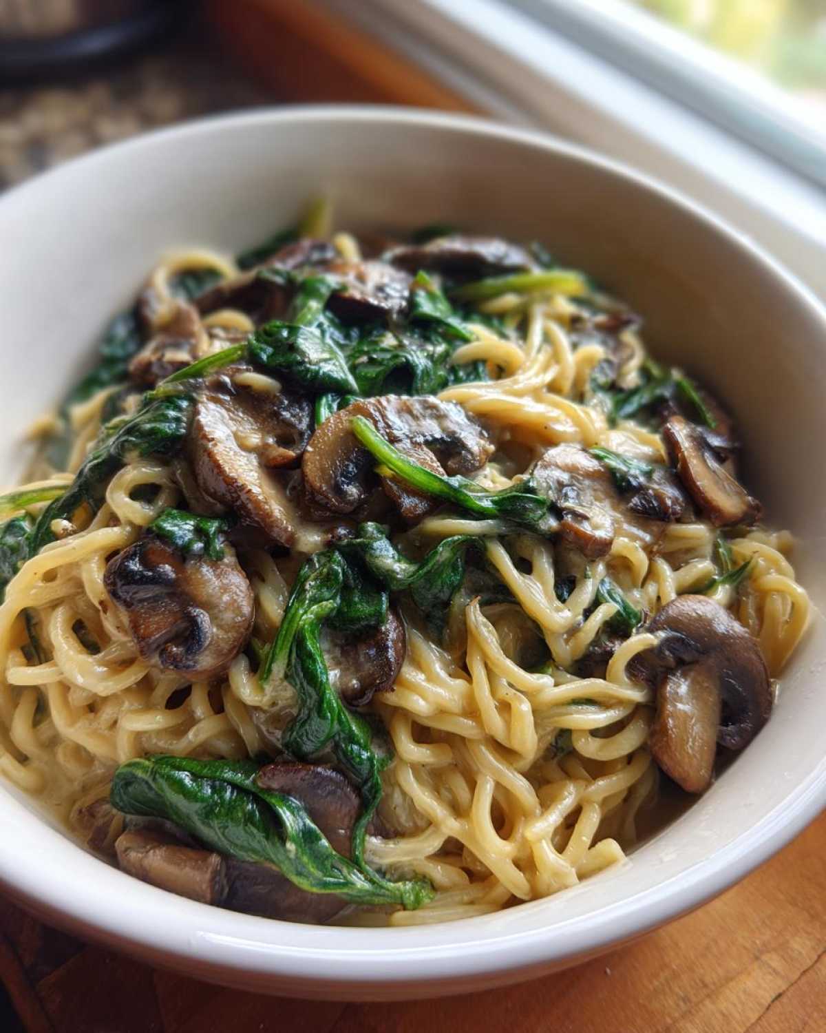 Close-up of One-Pot Creamy Mushroom Spinach Ramen featuring ramen noodles coated in a creamy sauce, topped with sautéed mushrooms and wilted spinach.