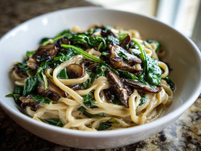 Close-up of One-Pot Creamy Mushroom Spinach Ramen noodles coated in sauce with wilted spinach and sliced mushrooms.
