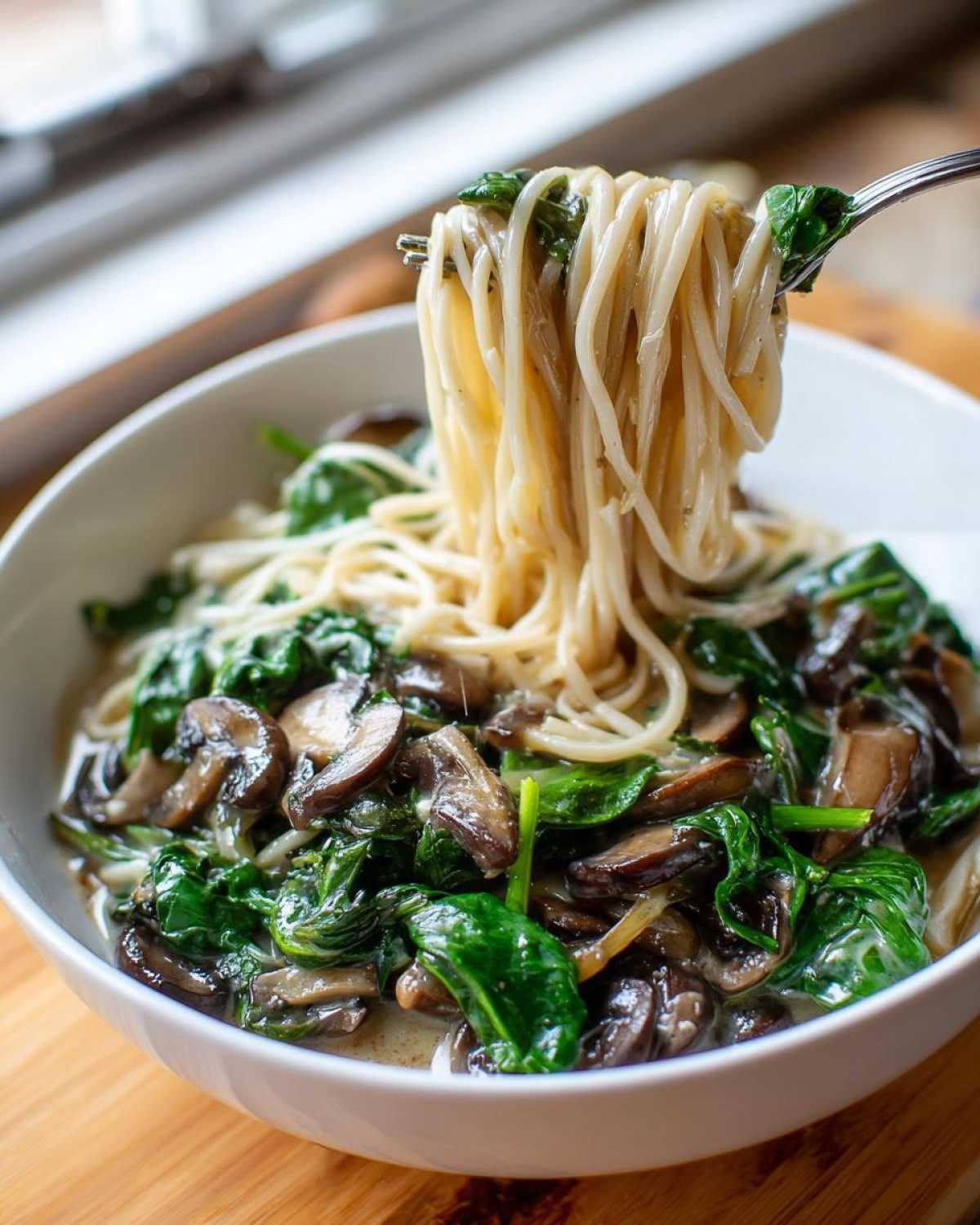 A fork lifts creamy noodles from a bowl of One-Pot Creamy Mushroom Spinach Ramen topped with sautéed mushrooms and wilted spinach.