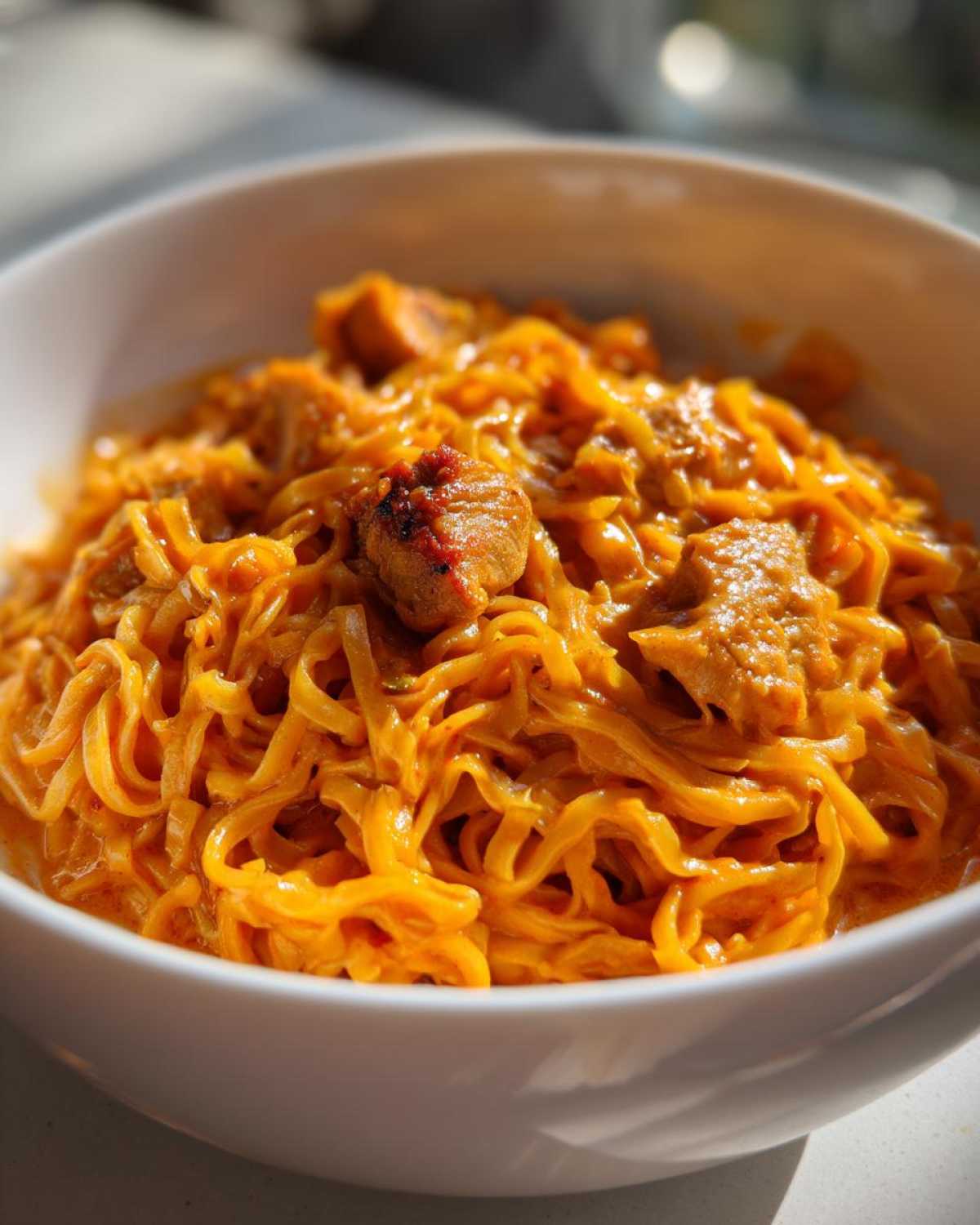 A close-up of rich, orange-colored One-Pot Creamy Thai Red Curry Noodles with chunks of protein in a white bowl.