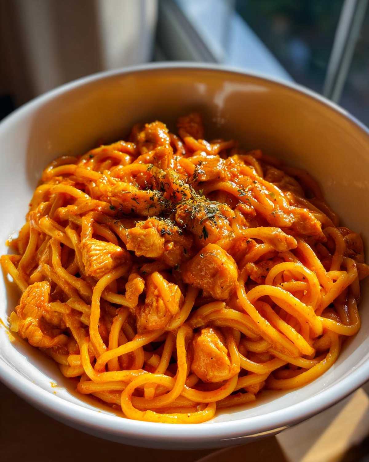 A close-up of a white bowl filled with One-Pot Creamy Thai Red Curry Noodles, garnished with herbs.