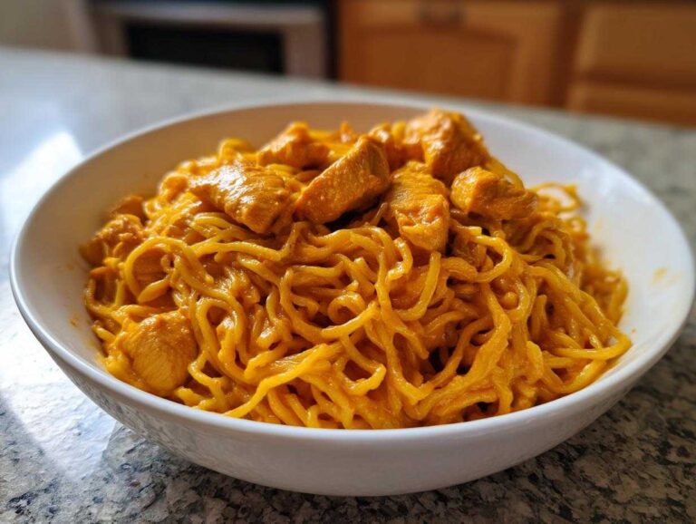 A white bowl filled with One-Pot Creamy Thai Red Curry Noodles topped with chunks of chicken.