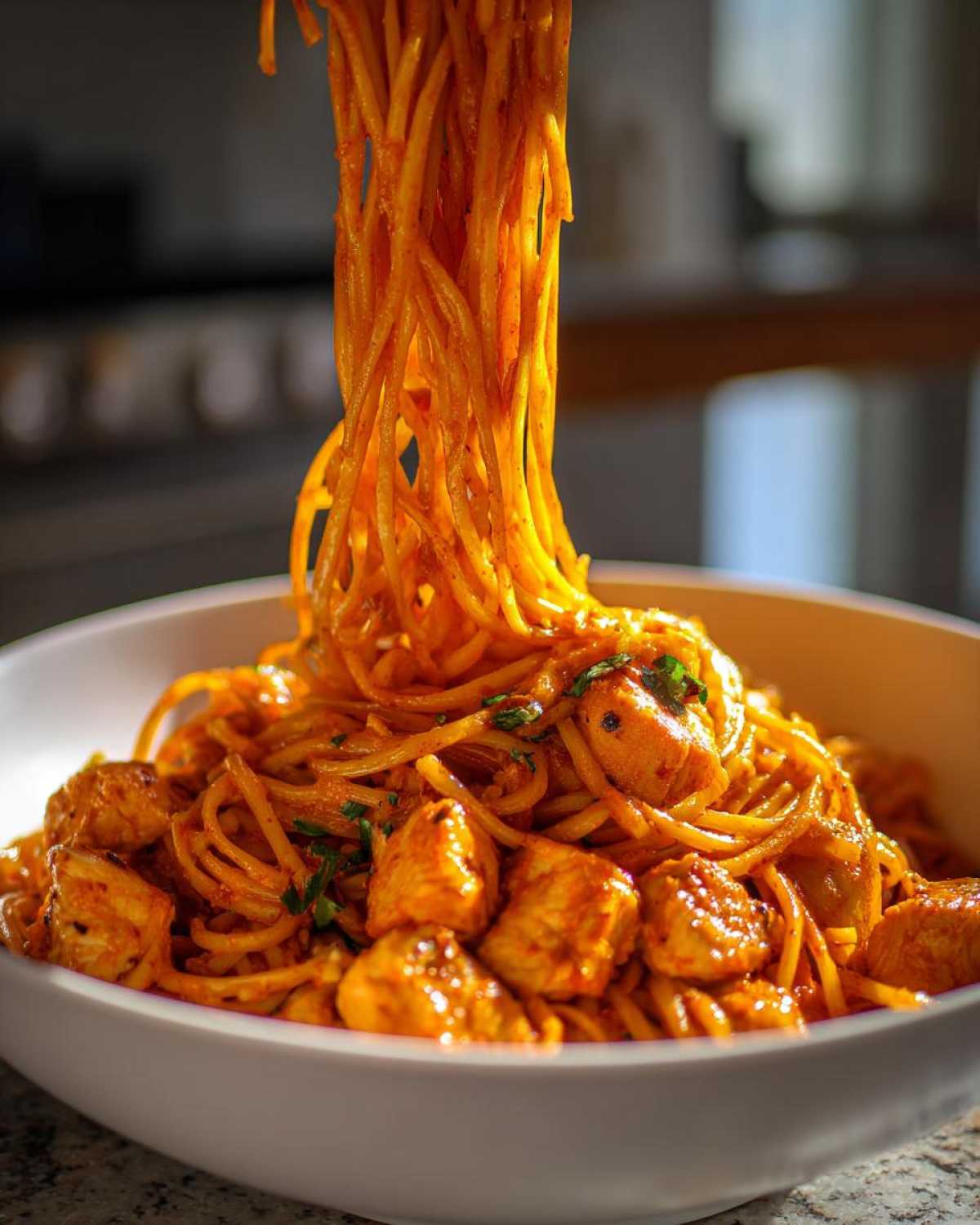 Close-up of spaghetti being lifted from a bowl of One-Pot Creamy Thai Red Curry Noodles with chunks of chicken.