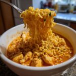 Close-up of a fork lifting curly noodles coated in creamy sauce from a bowl of One-Pot Creamy Thai Red Curry Noodles with chicken pieces.