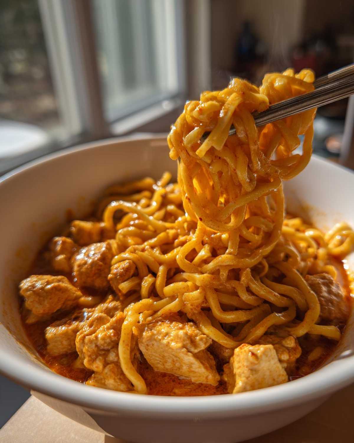 Chopsticks lifting a tangle of steaming noodles coated in rich sauce from a bowl of One-Pot Creamy Thai Red Curry Noodles with chicken pieces.
