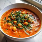 Close-up of a white bowl filled with One-Pot Creamy Tomato Basil Chickpea Stew, topped with whole chickpeas and fresh basil.
