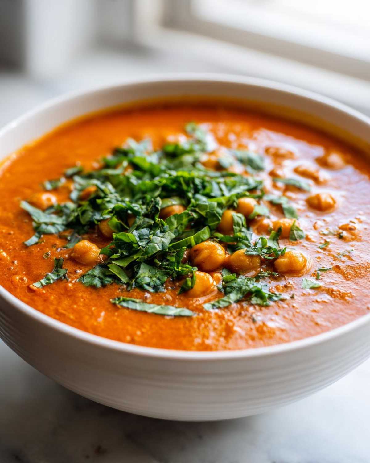 Close-up of One-Pot Creamy Tomato Basil Chickpea Stew topped with fresh basil.