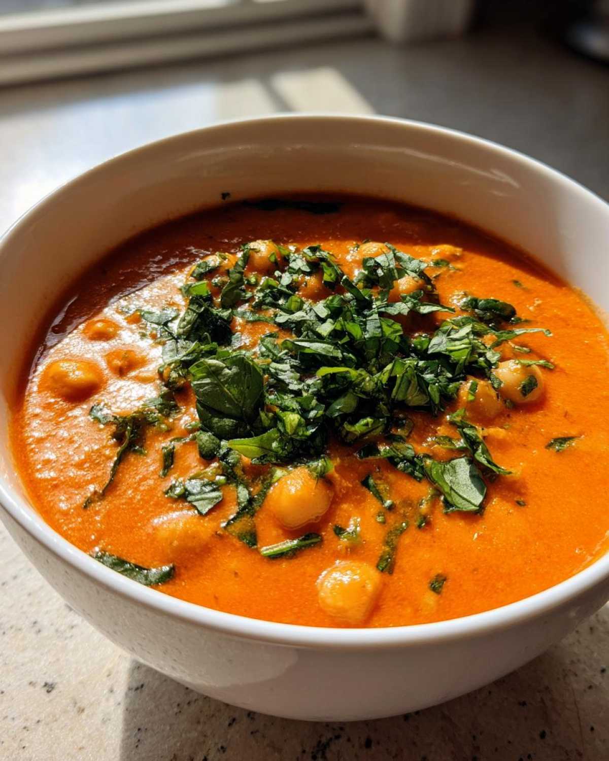 Close-up of a white bowl filled with One-Pot Creamy Tomato Basil Chickpea Stew, topped with fresh basil.