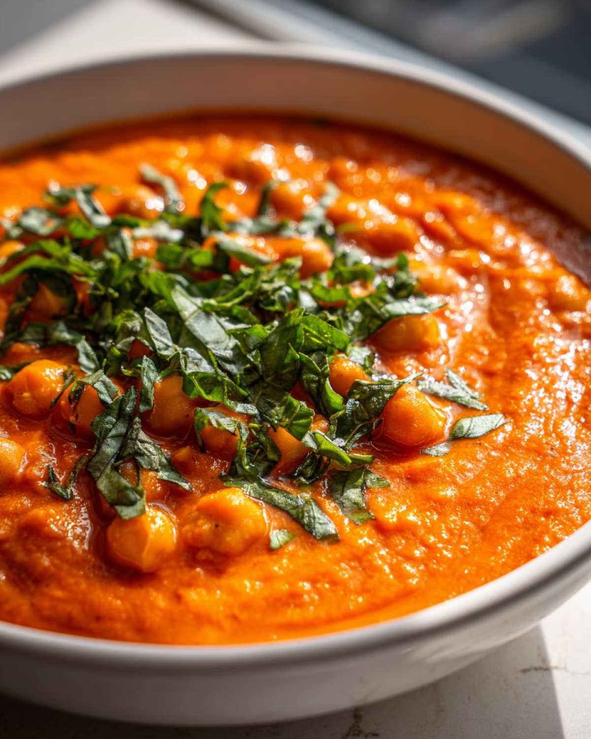 Close-up of a white bowl filled with vibrant orange One-Pot Creamy Tomato Basil Chickpea Stew, topped with fresh basil.