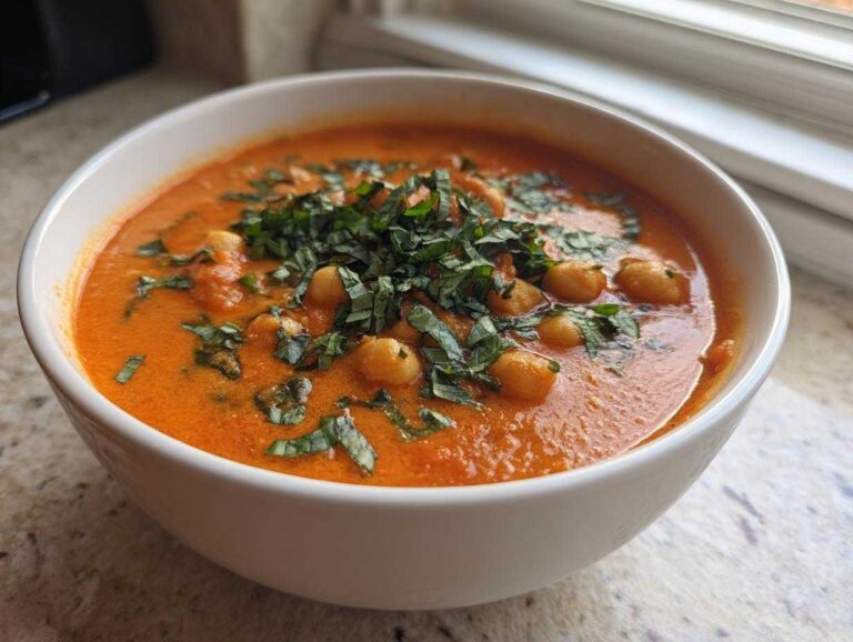 Close-up of a white bowl filled with One-Pot Creamy Tomato Basil Chickpea Stew, topped with fresh basil.