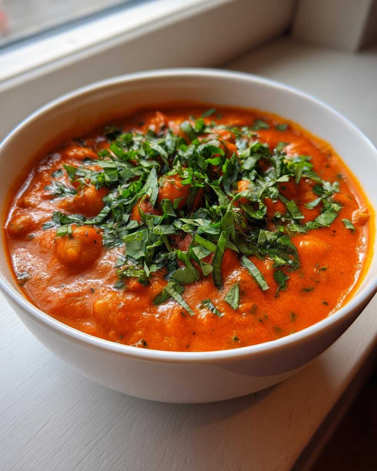 A white bowl filled with vibrant One-Pot Creamy Tomato Basil Chickpea Stew, topped generously with fresh chopped basil.