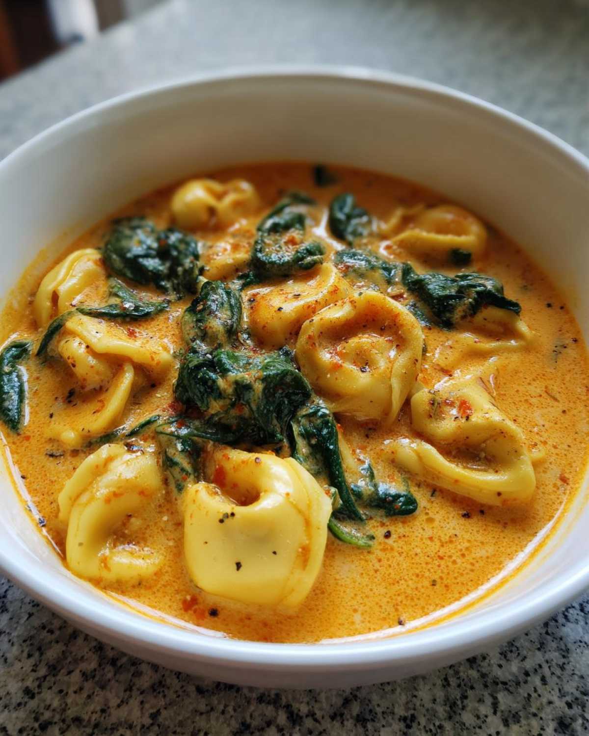 Close-up of a white bowl filled with One-Pot Creamy Tortellini Minestrone, featuring tortellini pasta and wilted spinach in a rich, orange broth.