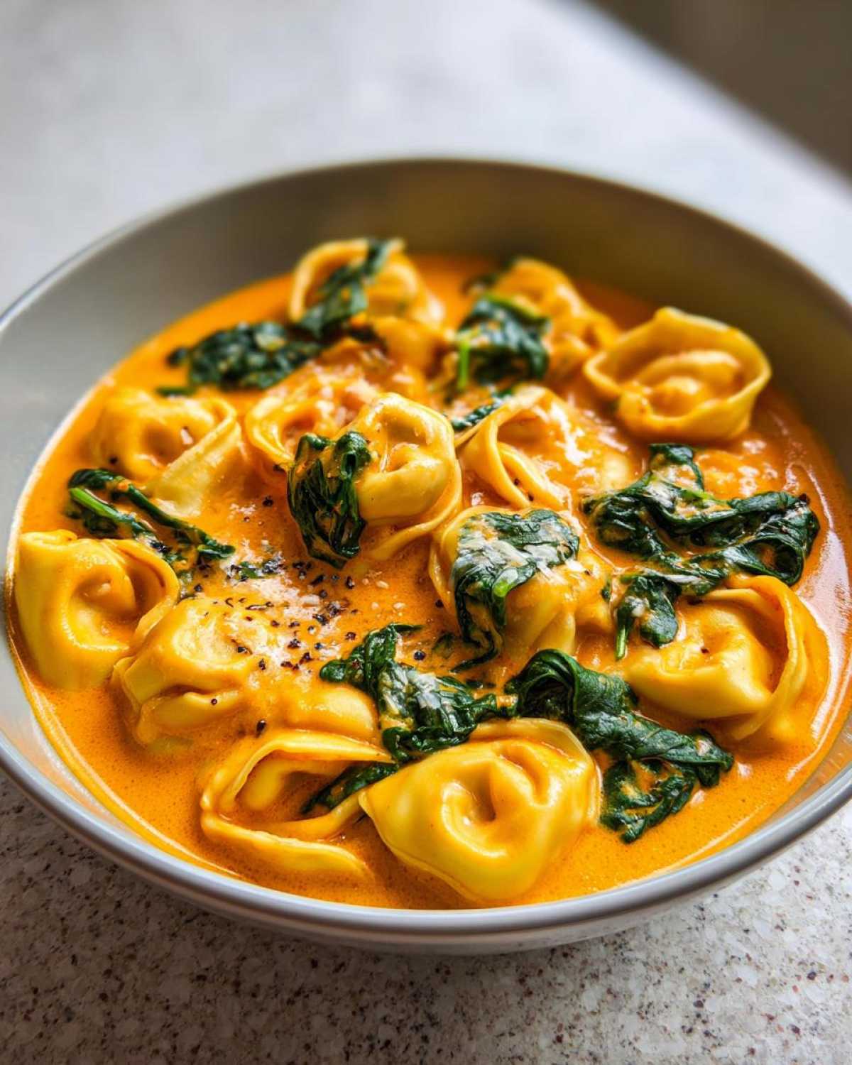 A close-up view of a bowl filled with One-Pot Creamy Tortellini Minestrone, featuring yellow tortellini pasta and wilted spinach in a rich orange sauce.