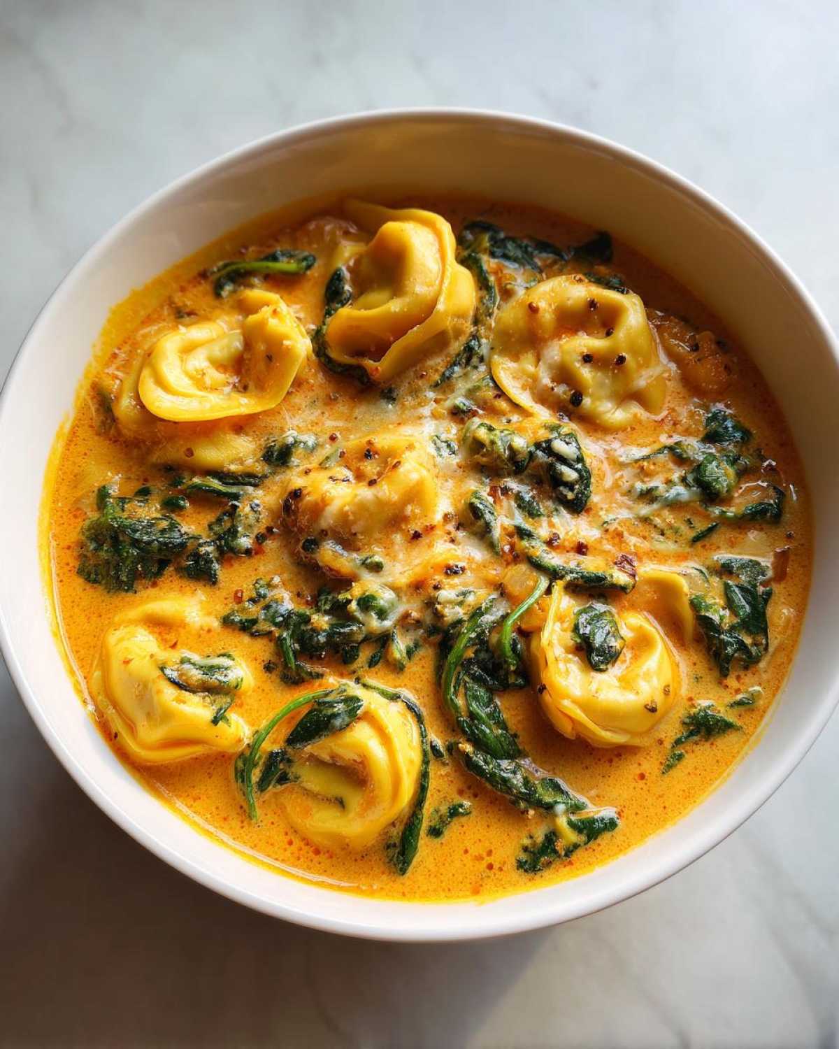 A close-up view of a white bowl filled with One-Pot Creamy Tortellini Minestrone, featuring cheese tortellini and wilted spinach in a rich orange broth.