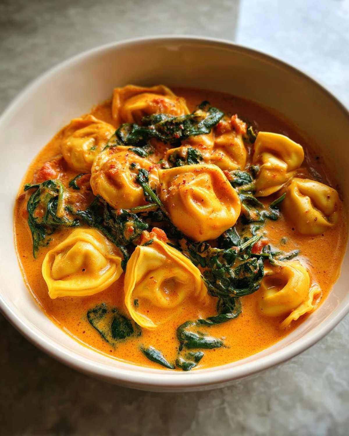 A close-up bowl of One-Pot Creamy Tortellini Minestrone featuring cheese tortellini, wilted spinach, and a rich orange broth.