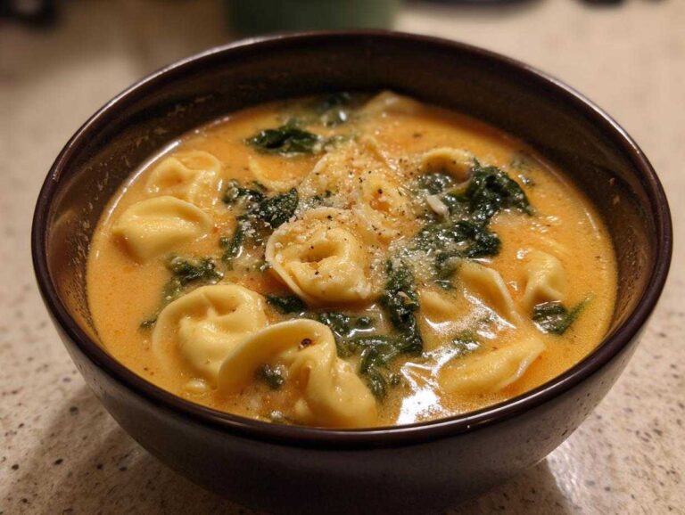 A close-up of a dark bowl filled with One-Pot Creamy Tortellini Minestrone, featuring cheese tortellini, spinach, and grated Parmesan.