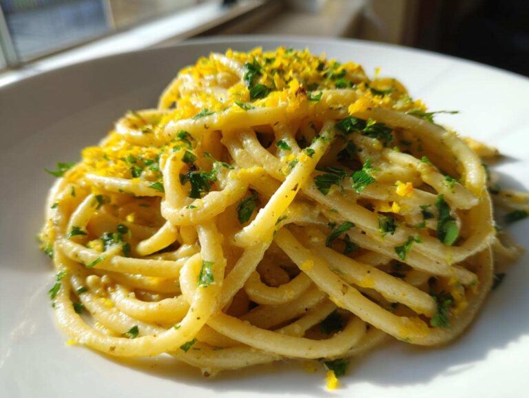 A close-up of a serving of One-Pot Creamy White Bean Lemon Pasta, topped with fresh parsley and bright yellow lemon zest.