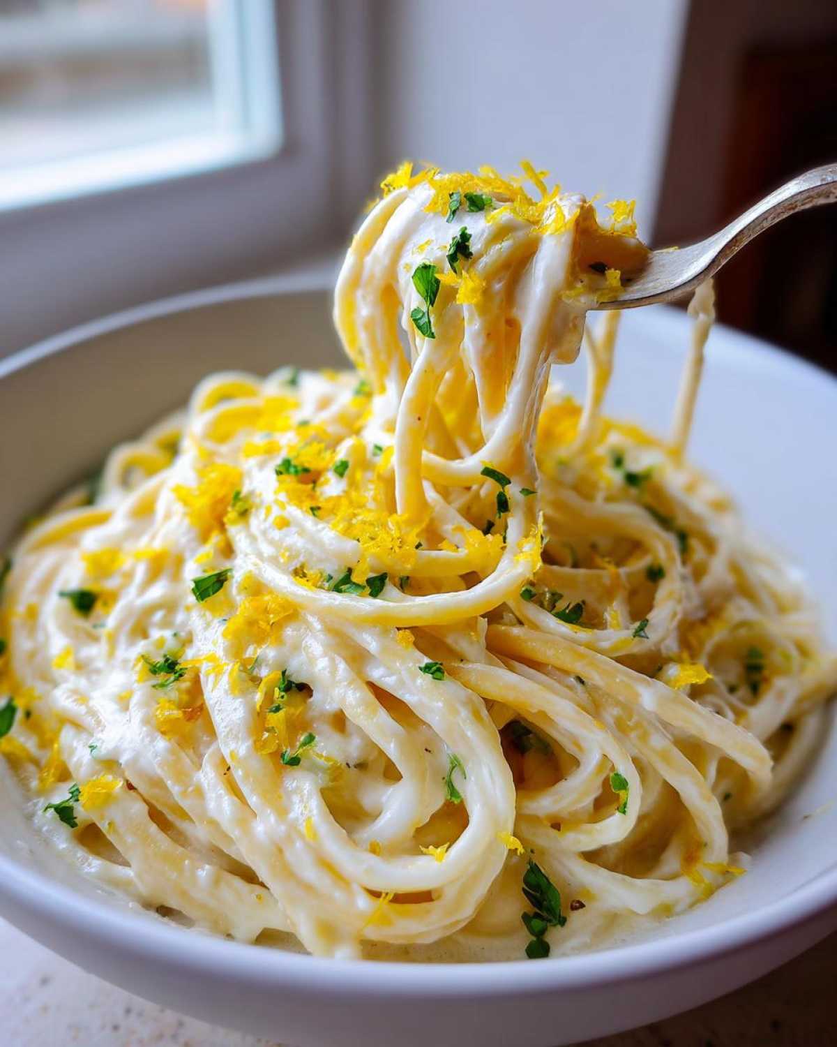 A fork lifting a twirl of creamy One-Pot Creamy White Bean Lemon Pasta, topped with bright lemon zest and parsley.