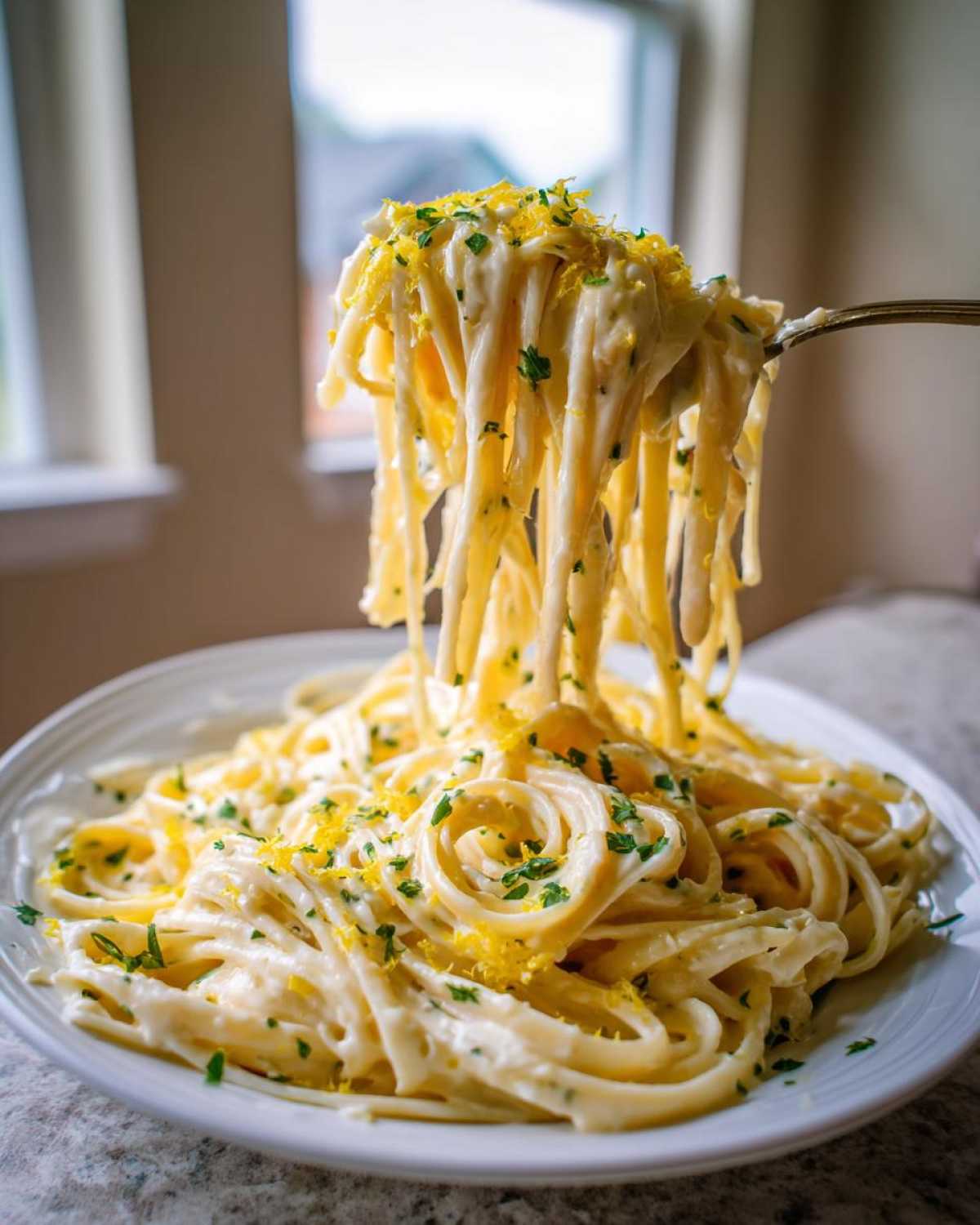 A fork lifts a generous portion of One-Pot Creamy White Bean Lemon Pasta, topped with bright lemon zest and parsley.