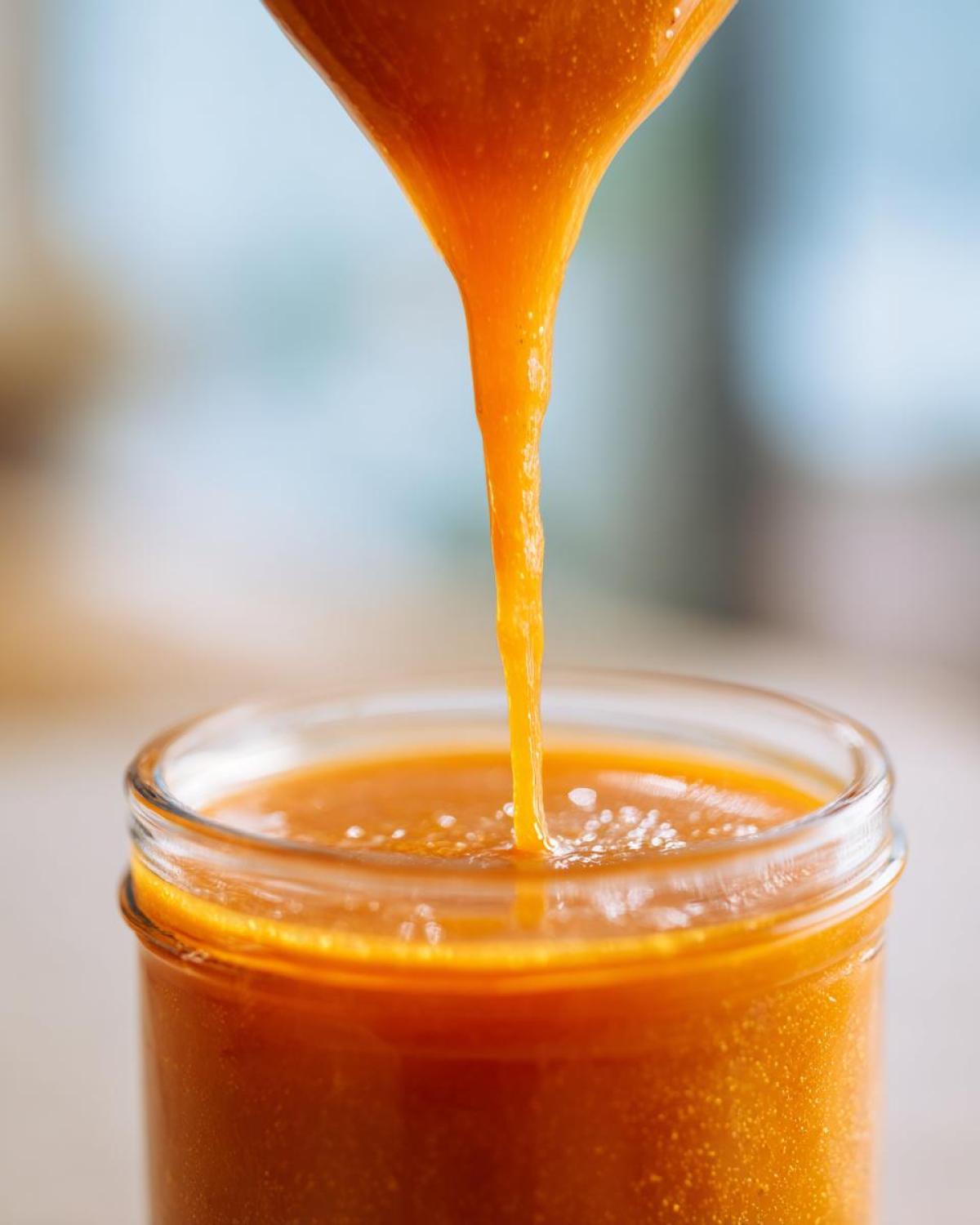 Close-up of thick, orange Copycat Apple Cider Vinaigrette being poured into a glass jar.