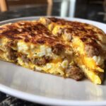 Cross-section view of a Sheet Pan Breakfast Quesadilla filled with fluffy eggs, melted cheese, and sausage.