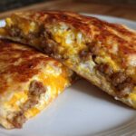 Two halves of a golden-brown Sheet Pan Breakfast Quesadillas cut open, revealing scrambled eggs, sausage crumbles, and melted cheddar cheese.