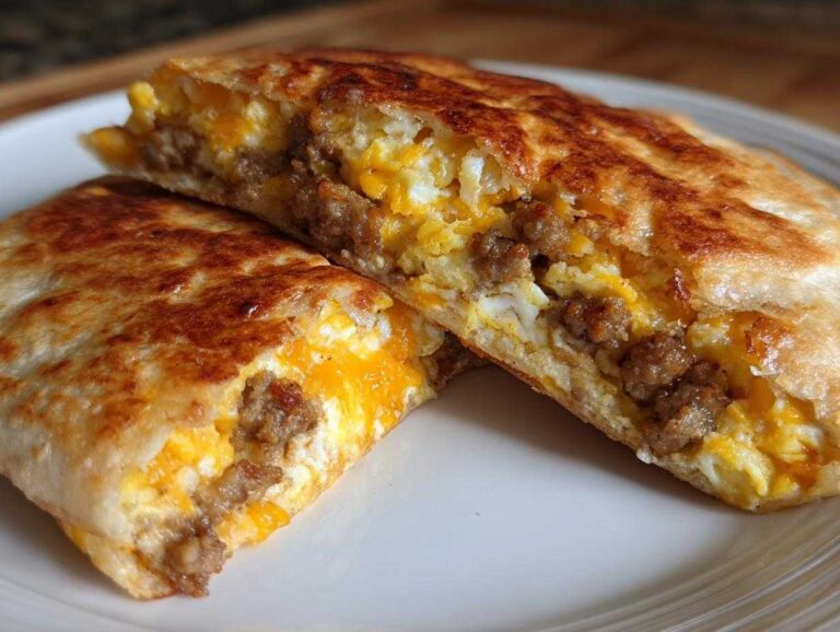 Two halves of a golden-brown Sheet Pan Breakfast Quesadillas cut open, revealing scrambled eggs, sausage crumbles, and melted cheddar cheese.