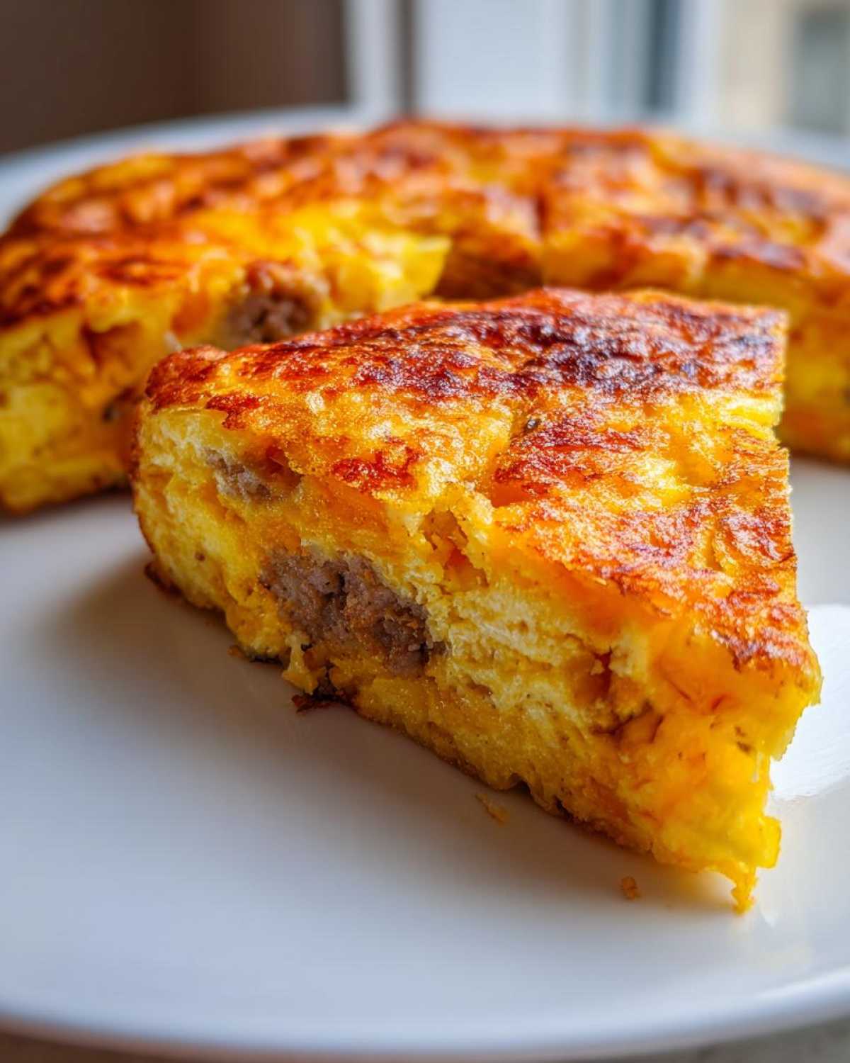 Close-up of a thick, golden slice from Sheet Pan Breakfast Quesadillas showing layers of egg and sausage filling.