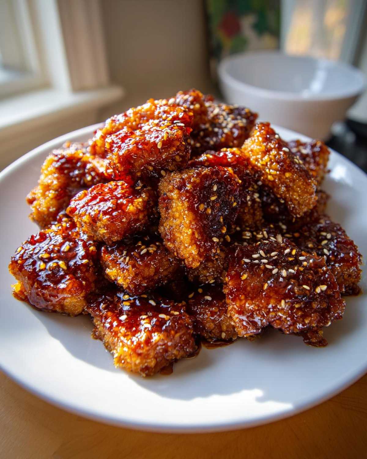 A plate piled high with crispy Sheet Pan Crispy Honey Garlic Tofu Nuggets, coated in a thick, shiny glaze and sprinkled with sesame seeds.