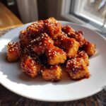 A pile of crispy Sheet Pan Crispy Honey Garlic Tofu Nuggets coated in a glossy sauce and sprinkled with white sesame seeds on a white plate.