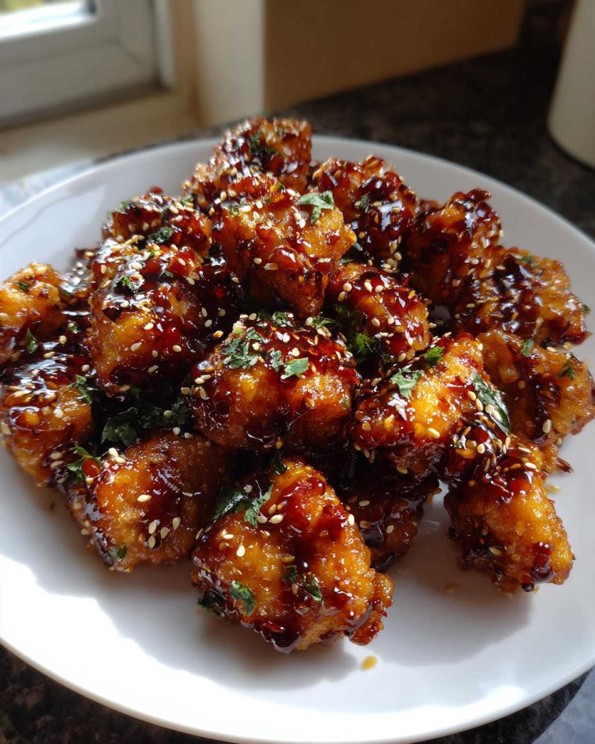 Close-up of crispy honey garlic tofu nuggets piled on a white plate, coated in sticky glaze, sesame seeds, and parsley.