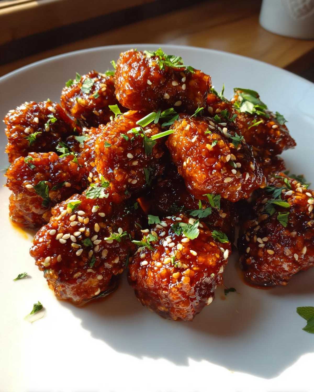 A pile of glossy Sheet Pan Crispy Honey Garlic Tofu Nuggets coated in sauce, sprinkled with sesame seeds and parsley.