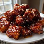 A pile of crispy Sheet Pan Crispy Honey Garlic Tofu Nuggets coated in a thick, glossy sauce and sprinkled with sesame seeds.