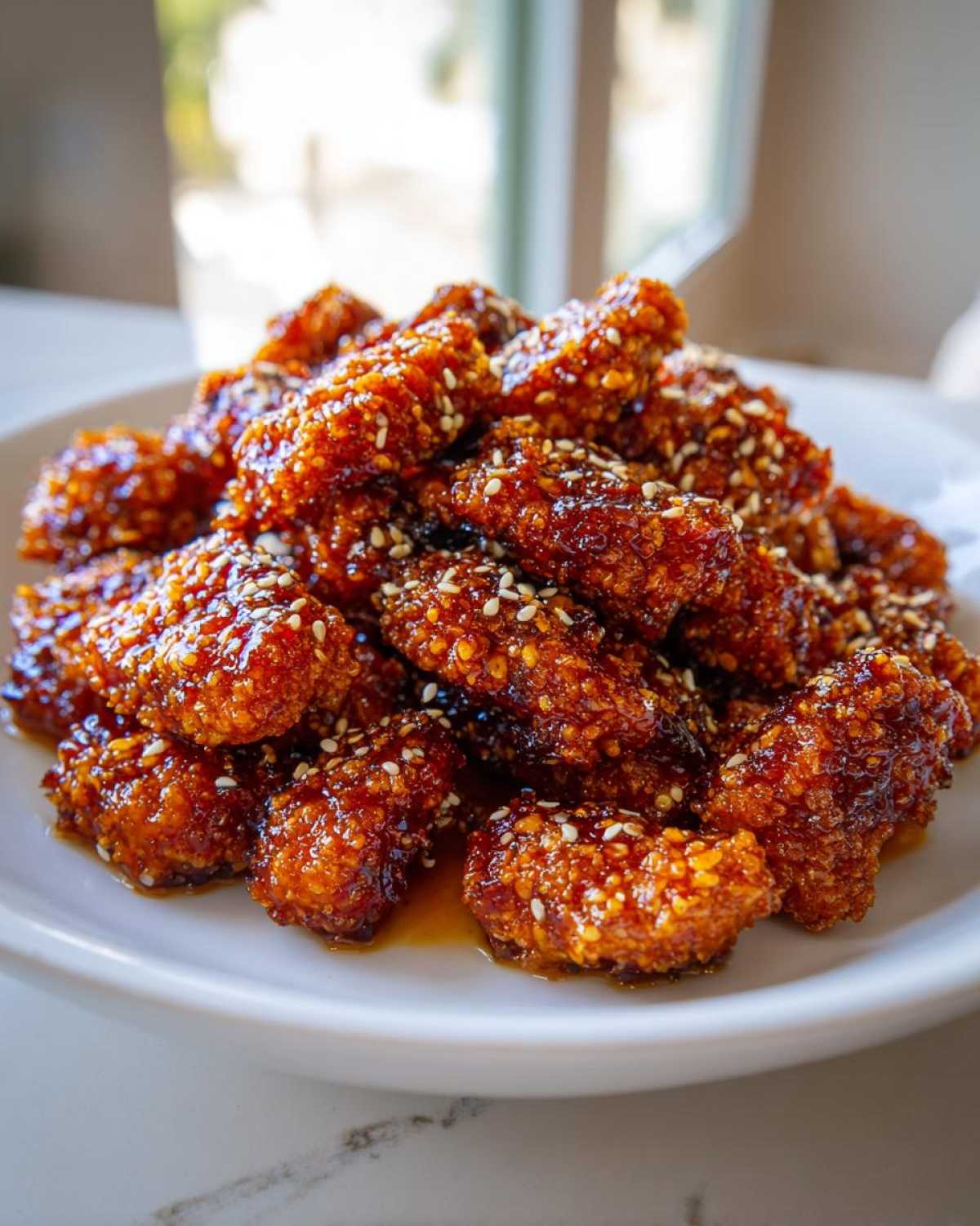 A close-up of a mound of crispy Sheet Pan Crispy Honey Garlic Tofu Nuggets coated in a shiny glaze and sprinkled with sesame seeds.