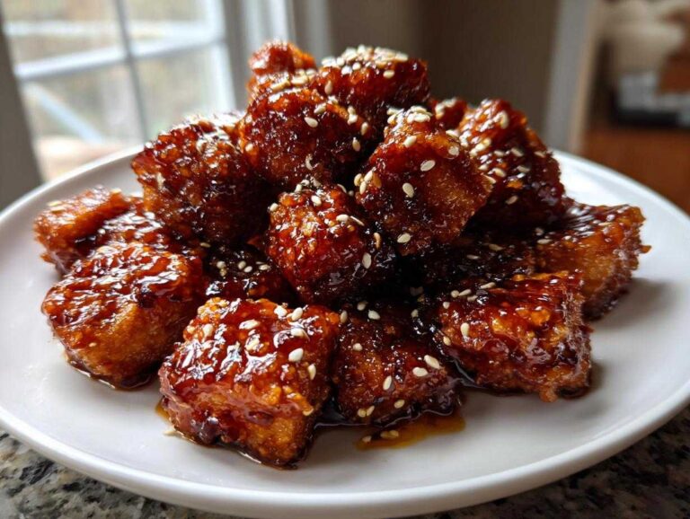 A pile of crispy Sheet Pan Crispy Honey Garlic Tofu Nuggets coated in a thick, glossy sauce and sprinkled with sesame seeds.