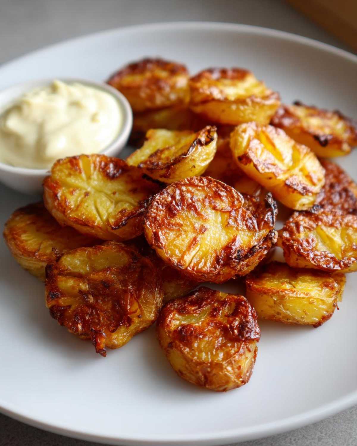 A pile of golden brown, crispy smashed potatoes served with a small bowl of creamy garlic aioli.