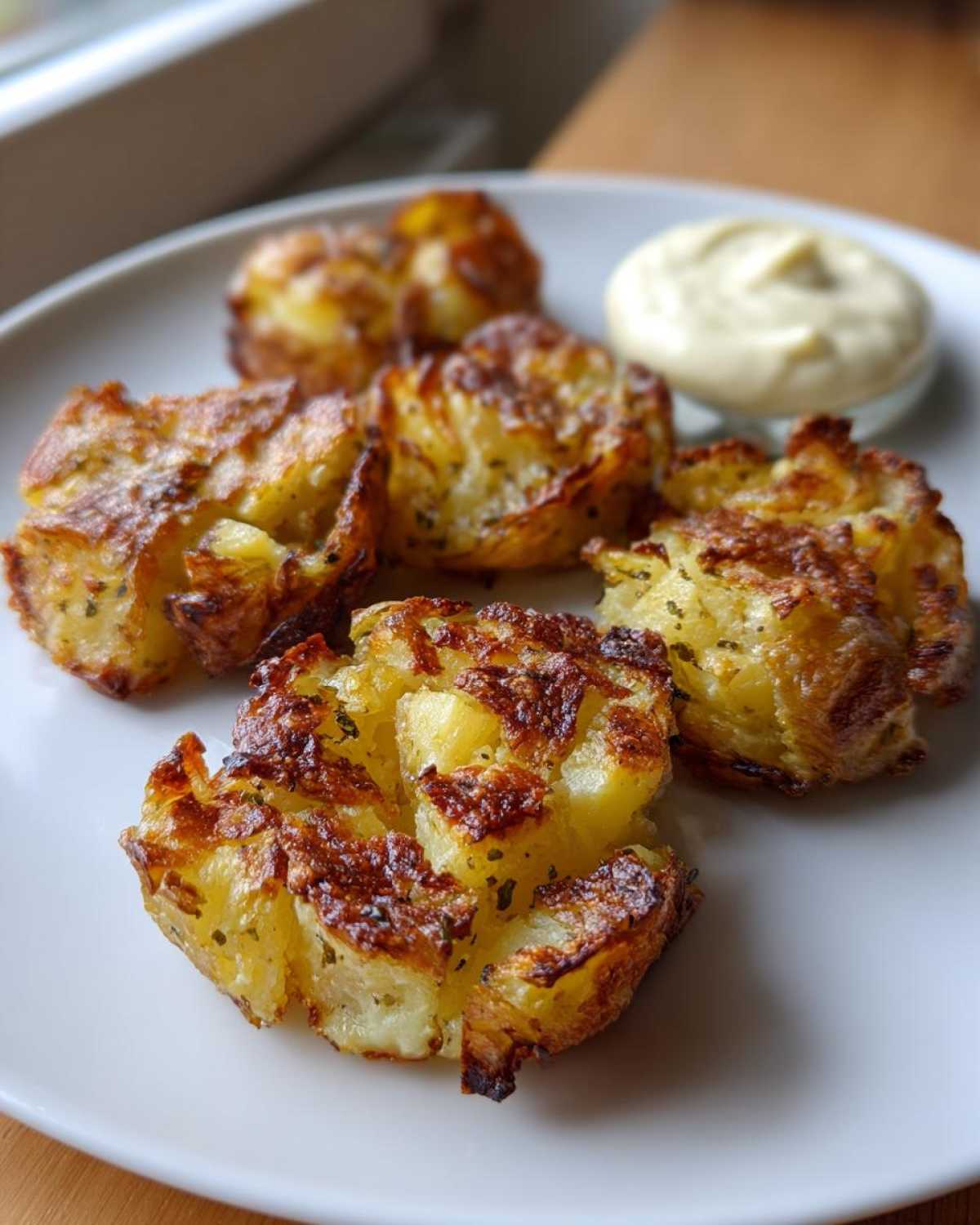 Close-up of crispy Sheet Pan Crispy Smashed Potatoes seasoned with herbs on a white plate next to garlic aioli.